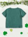 Green Round Neck Short Sleeve T-Shirt With Text Print For Girls