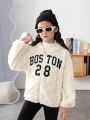 SHEIN Tween Girl Letter Embroidery Drop Shoulder Zipper Teddy Jacket