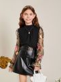 SHEIN Kids FANZEY Girls' Knit Stand Collar Elegant Shirt With Woven & Embroidered Organza Patchwork