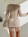 SHEIN Swim Vcay Women'S Apricot Colored Knit Hollow Out Long Sleeve Cardigan Dress