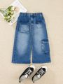 Tween Girls' New Arrival Casual & Fashionable Workwear Style High-Slit Denim Skirt With Washing Effect