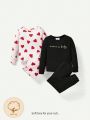 Cozy Cub Infant Girls' Love Heart & Letter Print Round Neck Top With Heart Print & Solid Color Pants Four-Piece Set