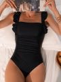 One Piece Solid Swimsuit With Ruffle Trim