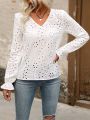 V-Neck Eyelet Embroidery Blouse With Trumpet Sleeves