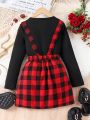 SHEIN Kids Nujoom Girls' Lace Black T-Shirt & Red Plaid Suspenders Skirt Set, Spring