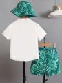 SHEIN Kids SUNSHNE Boys' (Little) Plant Print Short Sleeve Shirt And Shorts Set With Hat