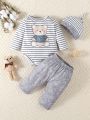 Baby Boys' Cartoon Printed Striped Long Sleeve Romper With Hat And Pants Pajama Set