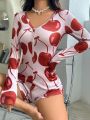 Women's Cherry Printed Button-up Pajama Romper