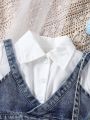 Baby Girl'S Denim Suspender And Puff Sleeve Dress Suit