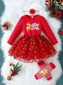 Young Girl Christmas Print Mesh Hem Dress