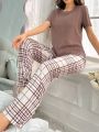 Solid Color Top & Checkered Pants Pajama Set