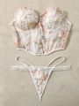 Floral Embroidered Frilled Fake Button Tube Underwire Lingerie Set