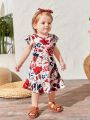 SHEIN Baby Girl's Casual Floral Print Ruffle Cap Sleeve Dress For Vacation