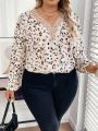 SHEIN LUNE Women's Plus Size Printed V-neck Lace Spliced Lantern Sleeve Shirt With Woven Ribbon