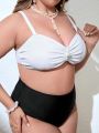 SHEIN Swim Chicsea Plus Size Pearl Decorated Ruffle Bikini Swimsuit Set, 2pcs