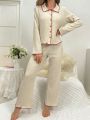 Women's Color Block Trimmed Long Sleeve Top And Casual Pants Homewear Set