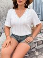 SHEIN Frenchy Plus Size V-Neck Short Sleeve T-Shirt With Eyelet Embroidery Detail