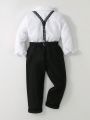 Tween Boys' Plain Long Sleeve Shirt And Suspenders With Trousers Spring New Kids Gentleman Formal Wear Two-Piece Set, Performance Costume, Dress Suit