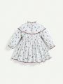 Cozy Cub Baby Girl Floral Pattern Half Turtle Neck Ruffled Long Sleeve Waist Dress