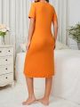 Women's Solid Color Sleep Dress With Round Neckline And Button Design, All-match Style