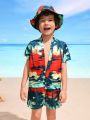 Toddler Boys' Full Printed Short Sleeve Shirt, Shorts & Swimsuit With Hat Set