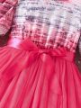 SHEIN Kids CHARMNG Young Girl Tie Dye Ruffle Trim Mesh Hem Belted Dress