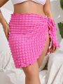 SHEIN Swim Basics Women's Plus Size Solid Color Bubble Knit Cardigan & Skirt Set With Knot Detail