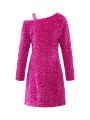 Girls' Irregular Shoulder Sparkly Dress