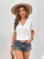 SHEIN VCAY Solid Color Lace Hem Short Sleeve T-Shirt For Vacation