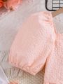 SHEIN Kids CHARMNG Texture Fabric Puff Sleeve Shirred Back Peplum Blouse