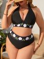 SHEIN Swim Vcay Women's Plus Size Floral Printed Halter V-neck Bikini Swimsuit Set