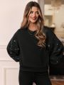 SHEIN Frenchy Women's Rhinestone Inlaid Drop Shoulder Long Sleeve Sweatshirt