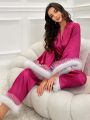 Contrast Mesh Ruffle Trim Embellished Satin Pajama Set