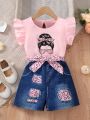 SHEIN Kids SUNSHNE Girls' Casual Street Style Round Neck Short Sleeve Top And Denim Look Printed Romper With Leopard Print Belt And Girl'S Portrait Print