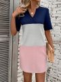 Women'S Contrast Color V-Neck Short Sleeve Dress With Cutout