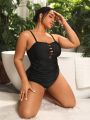 SHEIN Swim Basics Plus Size Solid Color Cross Detail One Piece Swimsuit