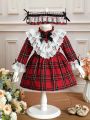 Baby Girl Tartan Print Contrast Lace Ruffle Trim Flounce Sleeve Bow Front Dress & Headband