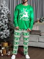 Men Christmas Elk & Letter Graphic Tee & Pants PJ Set