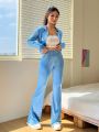 SHEIN Qutie Velvet Starry Rhinestone Decor Two Piece Outfit For Women