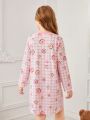 Cute Cat Donut Print Long-Sleeved Dress For Tween Girls