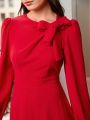 SHEIN Clasi Women's Fashionable Red Long Sleeve Dress With Bow Decoration