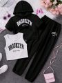 SHEIN Teen Girl Letter Graphic Hooded Tee & Tank Top & Sweatpants