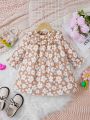 Infant Girls' Retro Small Flower Stripe Knit Ruffle Collar Casual Top For Fall And Winter