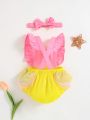 SHEIN Newborn Baby Girls' Color Block Ruffled Romper With Hairband 2pcs/set