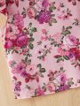 SHEIN Kids Cooltwn Girls' Casual Floral Print Flying Sleeve Sweatshirt With Ruffle Hem