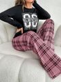 Women's Monogram Printed Long Sleeve Top And Plaid Trousers Pajama Set