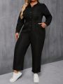 SHEIN Frenchy Plus Size Vacation Solid Color Front Button Jumpsuit