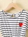 SHEIN Kids EVRYDAY Young Girls' Casual Striped Heart Pattern Off Shoulder Romper Shorts For Spring/Summer