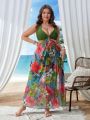 SHEIN Swim Vcay Women's Plus Size Tropical Print Hollow Out Halter Neck Swimsuit Set