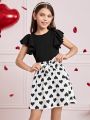 SHEIN Kids FANZEY Tween Girls' Round Neck Ruffle Knitted Tee With Detachable Heart Print Waist Belt And Skirt Set